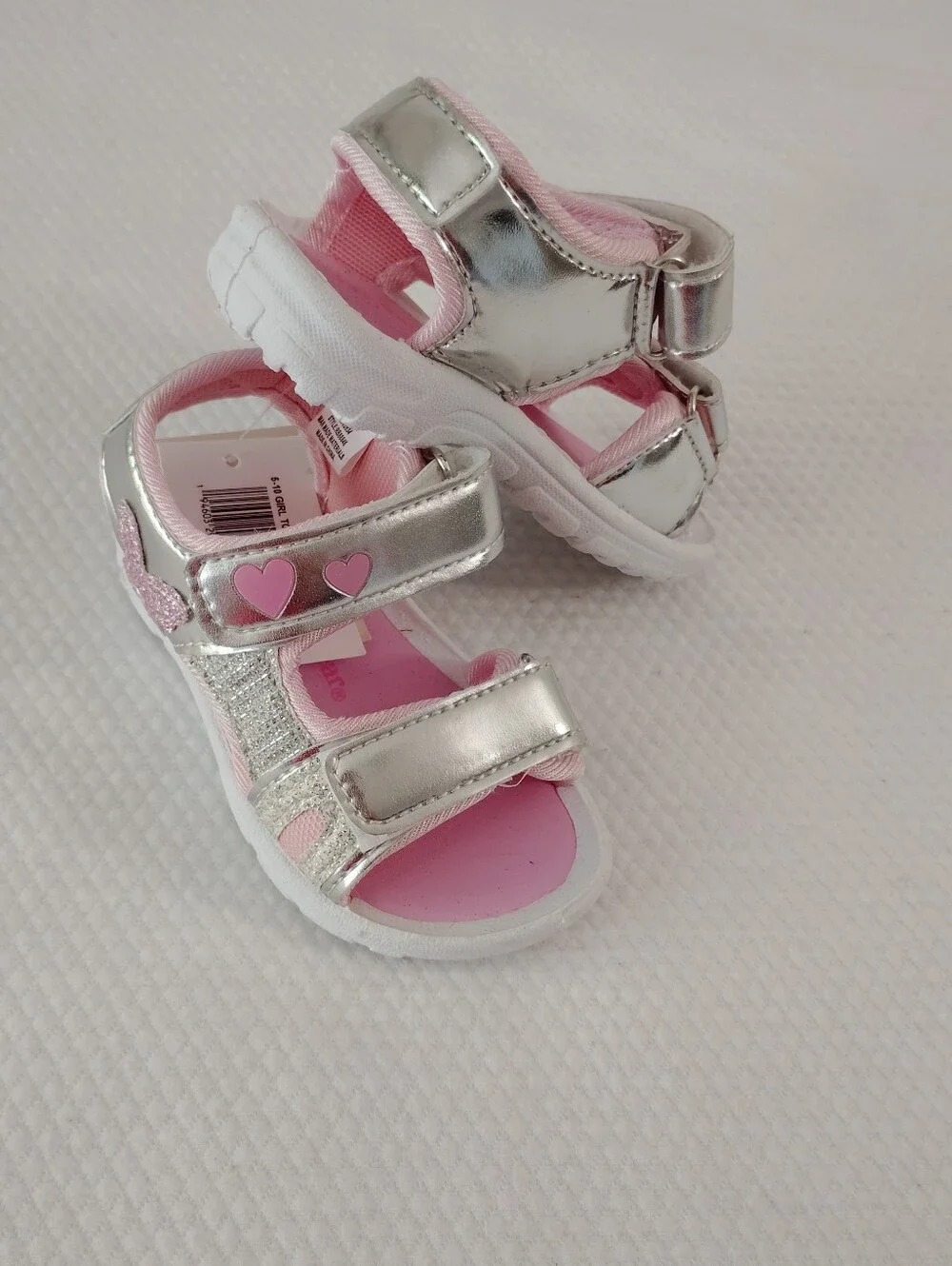 Rugged Bear Baby Girls Silver Pink Hearts Glitter Sport Sandals Shoes Size 5
